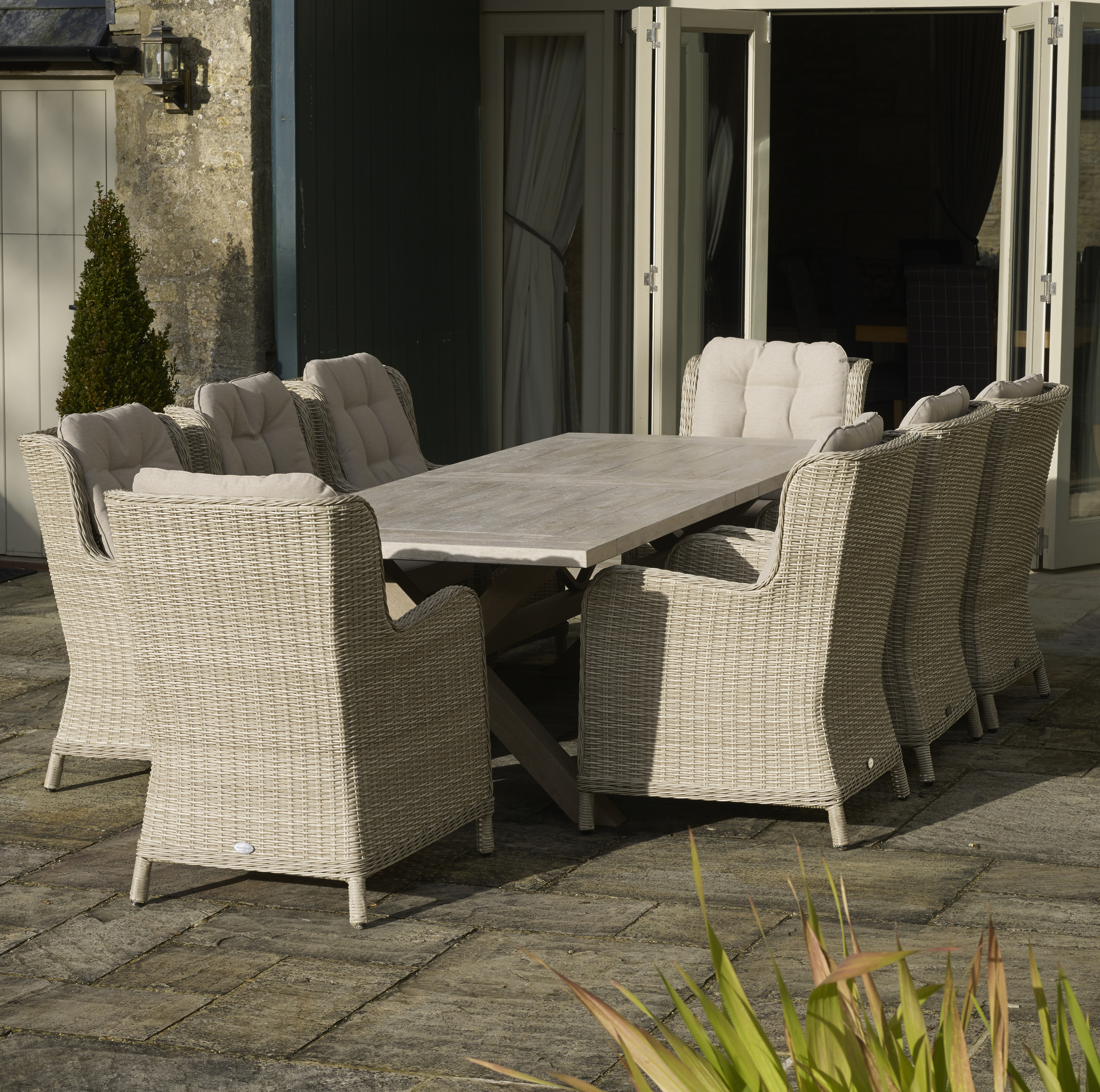 Bramblecrest Chedworth Ceramic Rectangle Table with 8 Rattan Armchairs - Sandstone